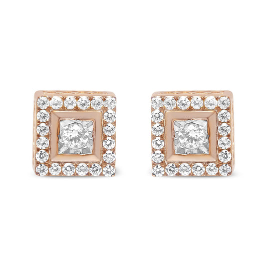Front-facing close-up of rose-colored square earrings with a central round white gemstone in a unique setting, surrounded by smaller round white gemstones in prong settings.