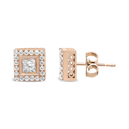 Close-up front and side view of rose metal square stud earrings with a central round white gemstone in a miracle setting, surrounded by smaller round white gemstones in prong settings.