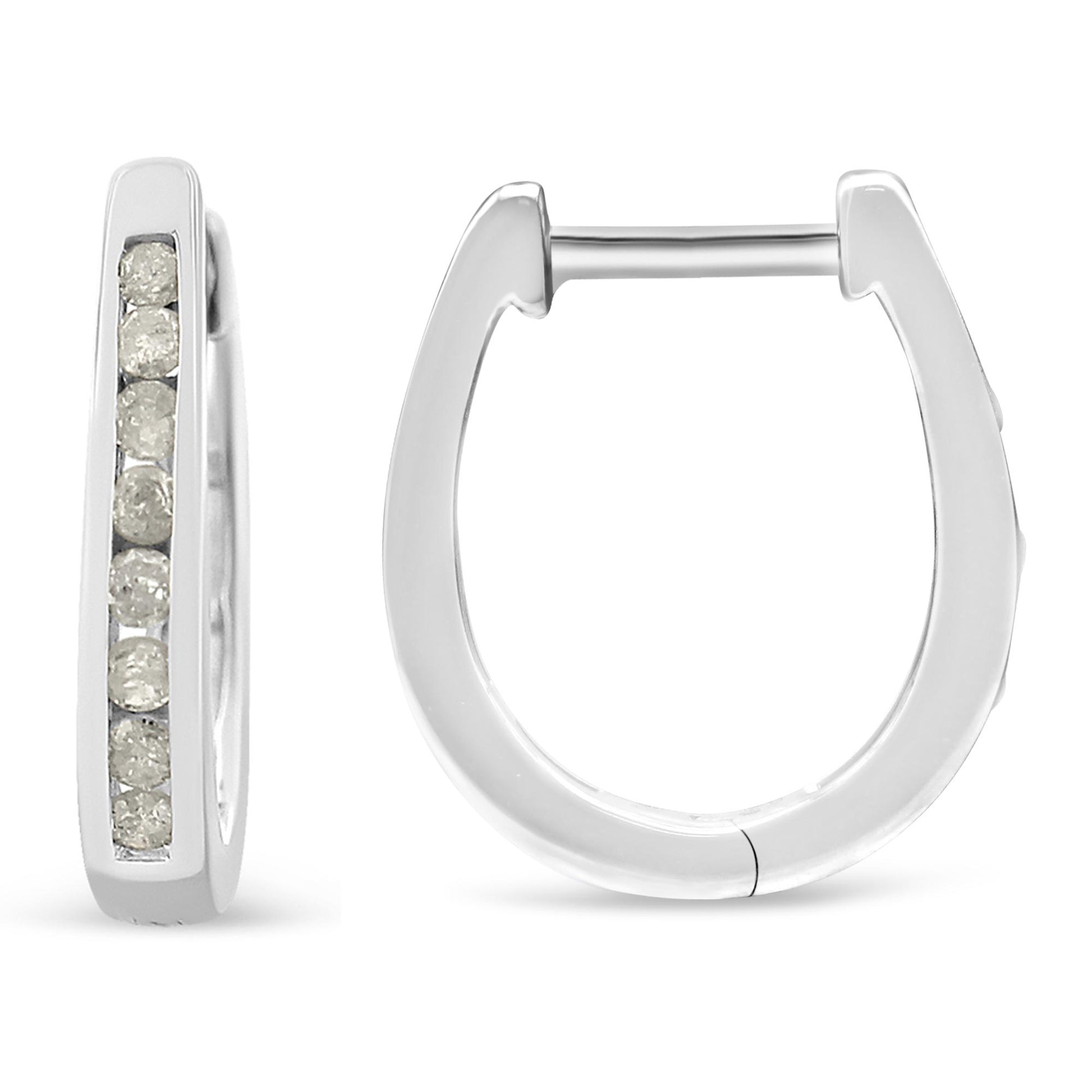 Pair of white metal hoop earrings with channel-set round white gemstones, shown from front and side angles.