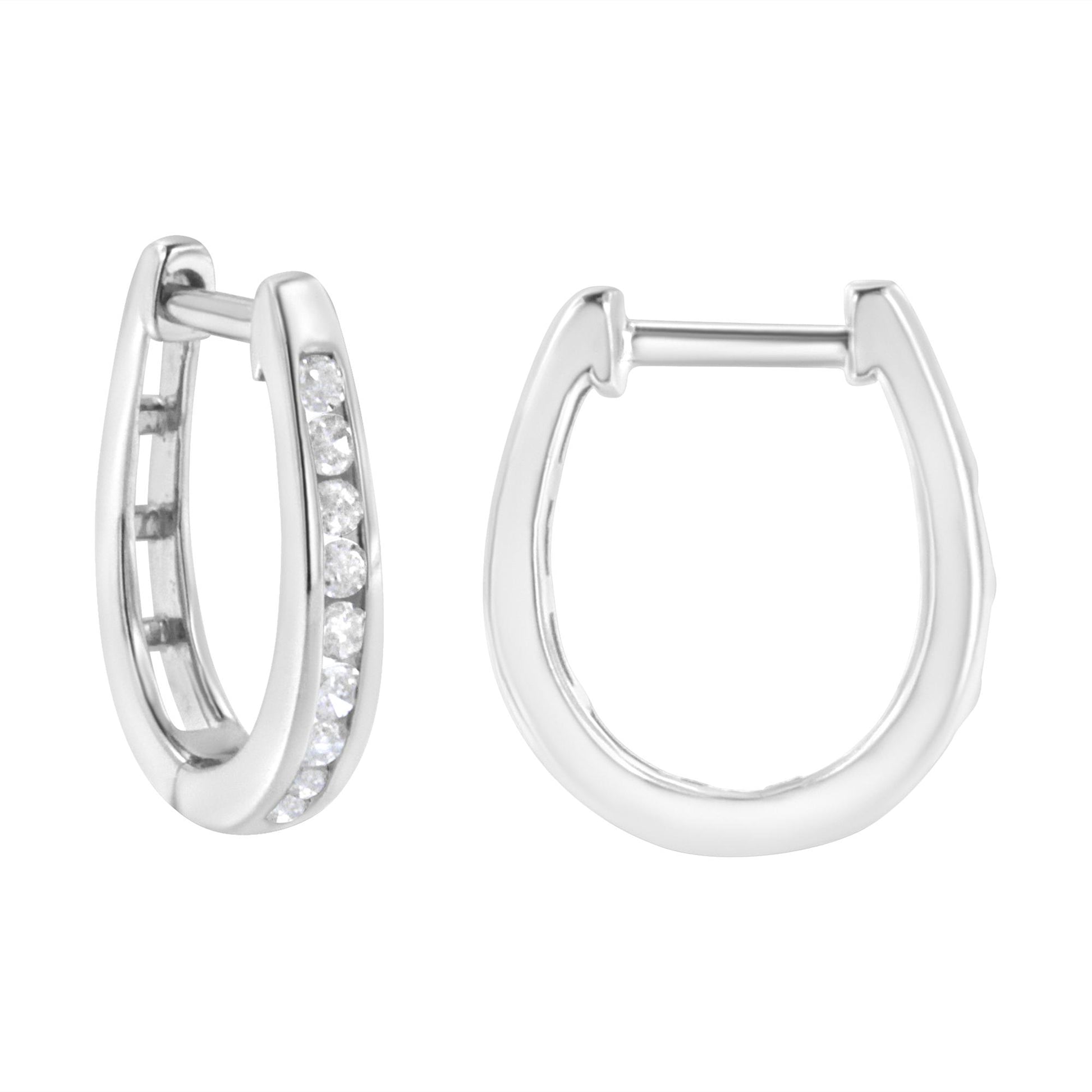 Pair of white earrings shown from front and side angles, featuring round white gemstones set in a channel along the outer edge.
