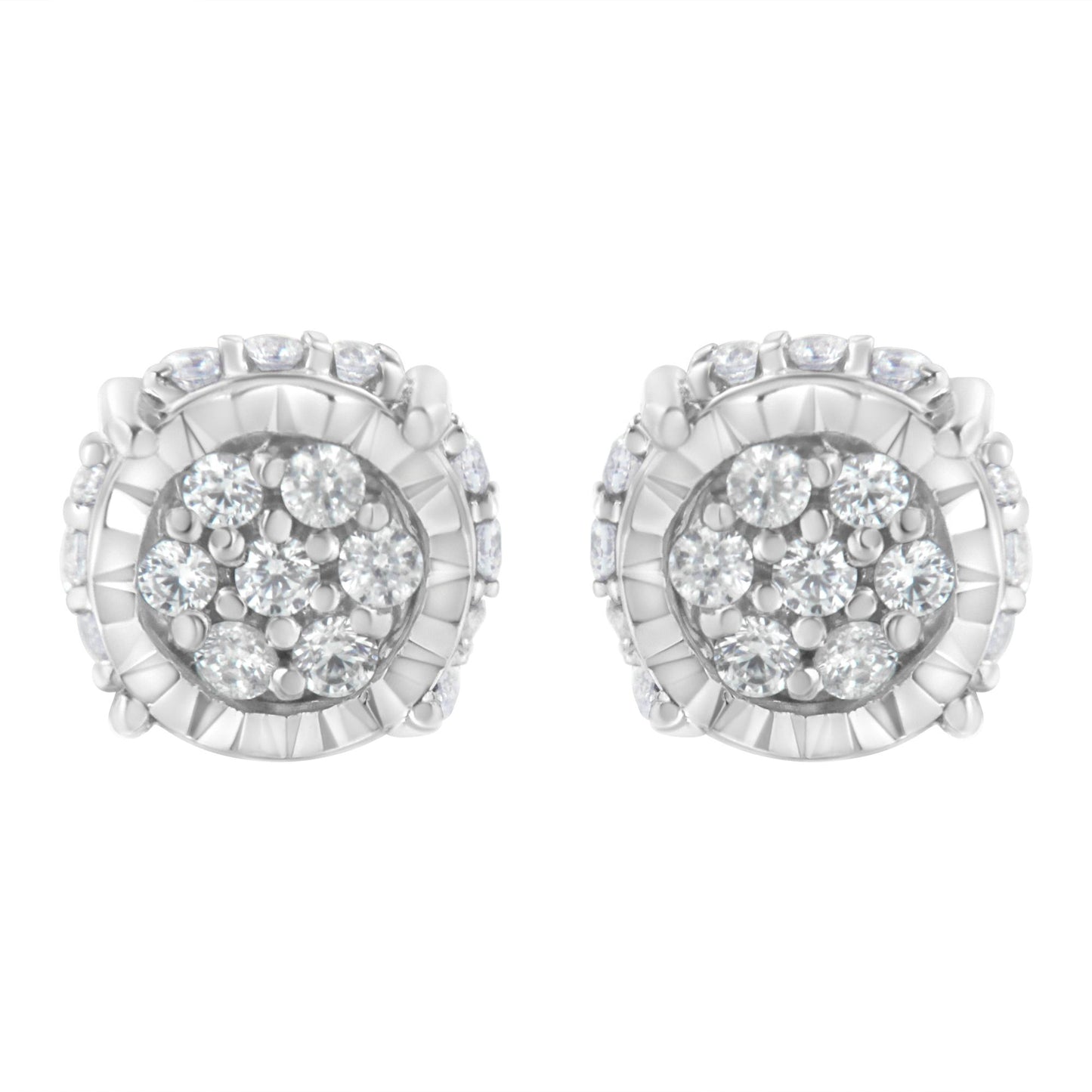 Front angle view of white metal round cluster stud earrings with multiple white gemstones in prong setting.