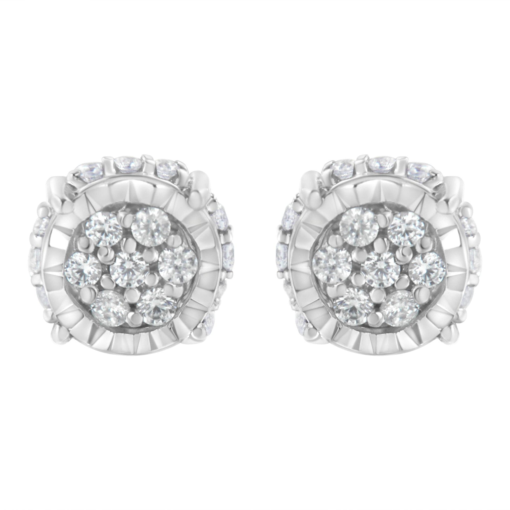 Front angle view of white metal round cluster stud earrings with multiple white gemstones in prong setting.