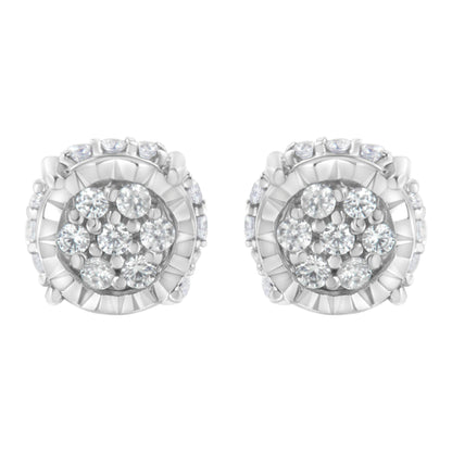 Front angle view of white metal round cluster stud earrings with multiple white gemstones in prong setting.