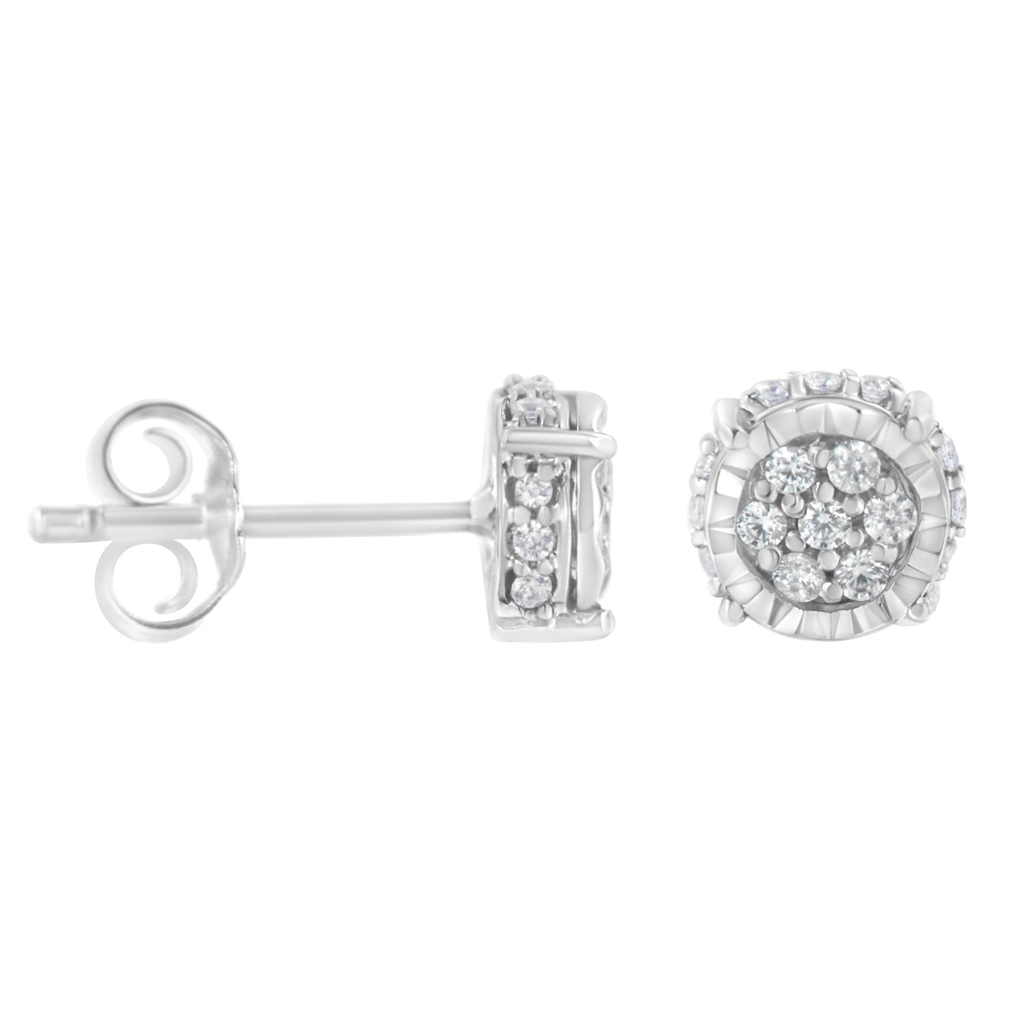 Close-up side and front view of a pair of white metal stud earrings with round white gemstones in prong settings arranged in a cluster.