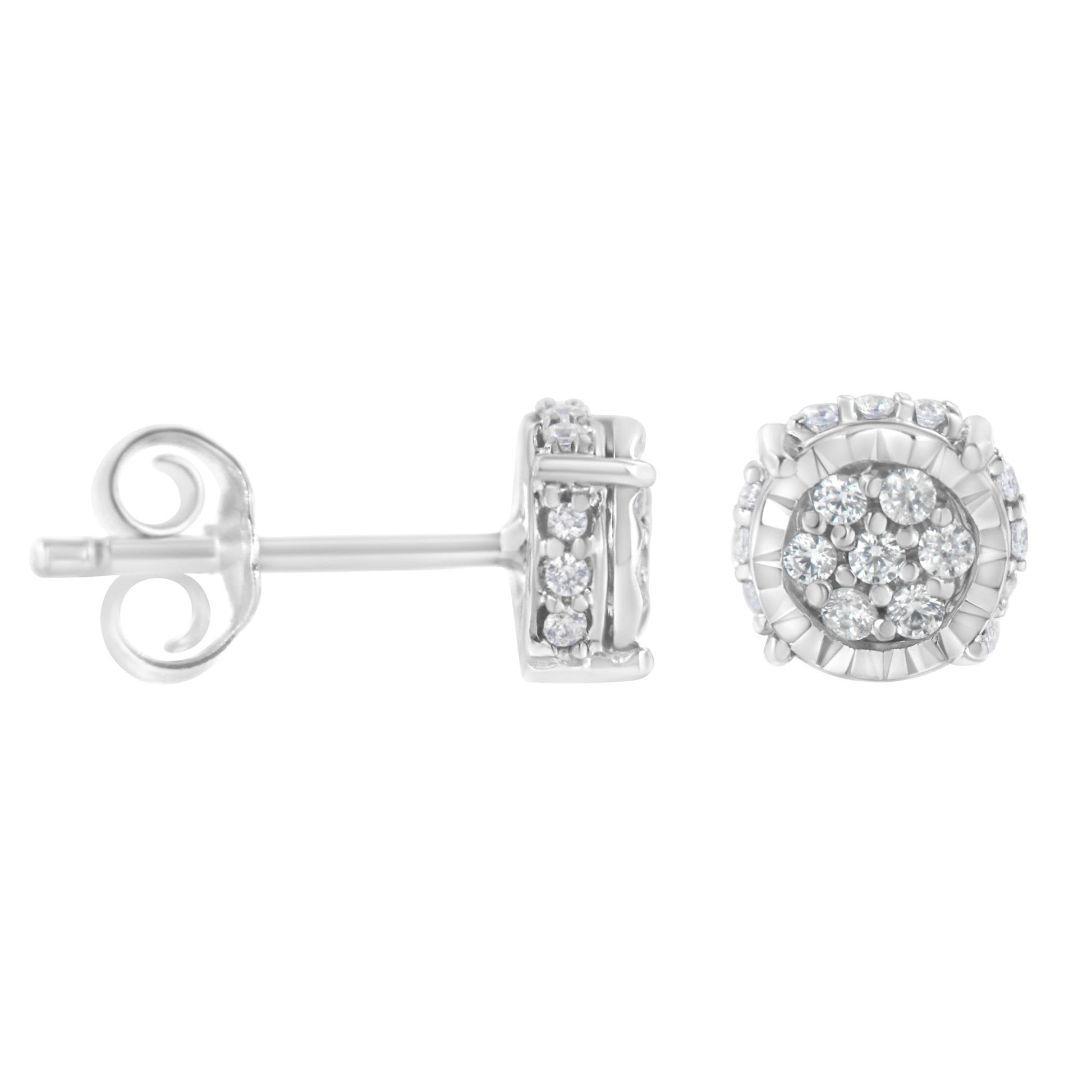 Close-up side and front view of a pair of white metal stud earrings with round white gemstones in prong settings arranged in a cluster.