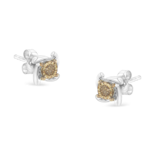 Pair of two-toned stud earrings with round champagne-colored gemstones in miracle settings, shown from a front angle on a white background.