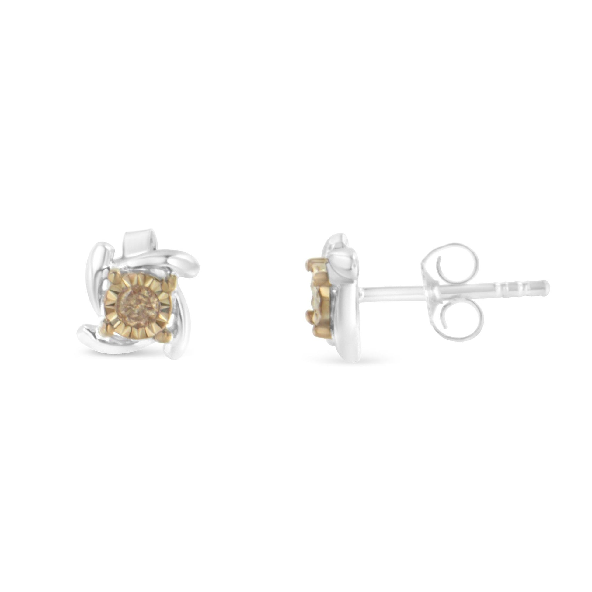 Two-toned stud earrings with round champagne-colored gemstones in the center, shown from front and side angles.
