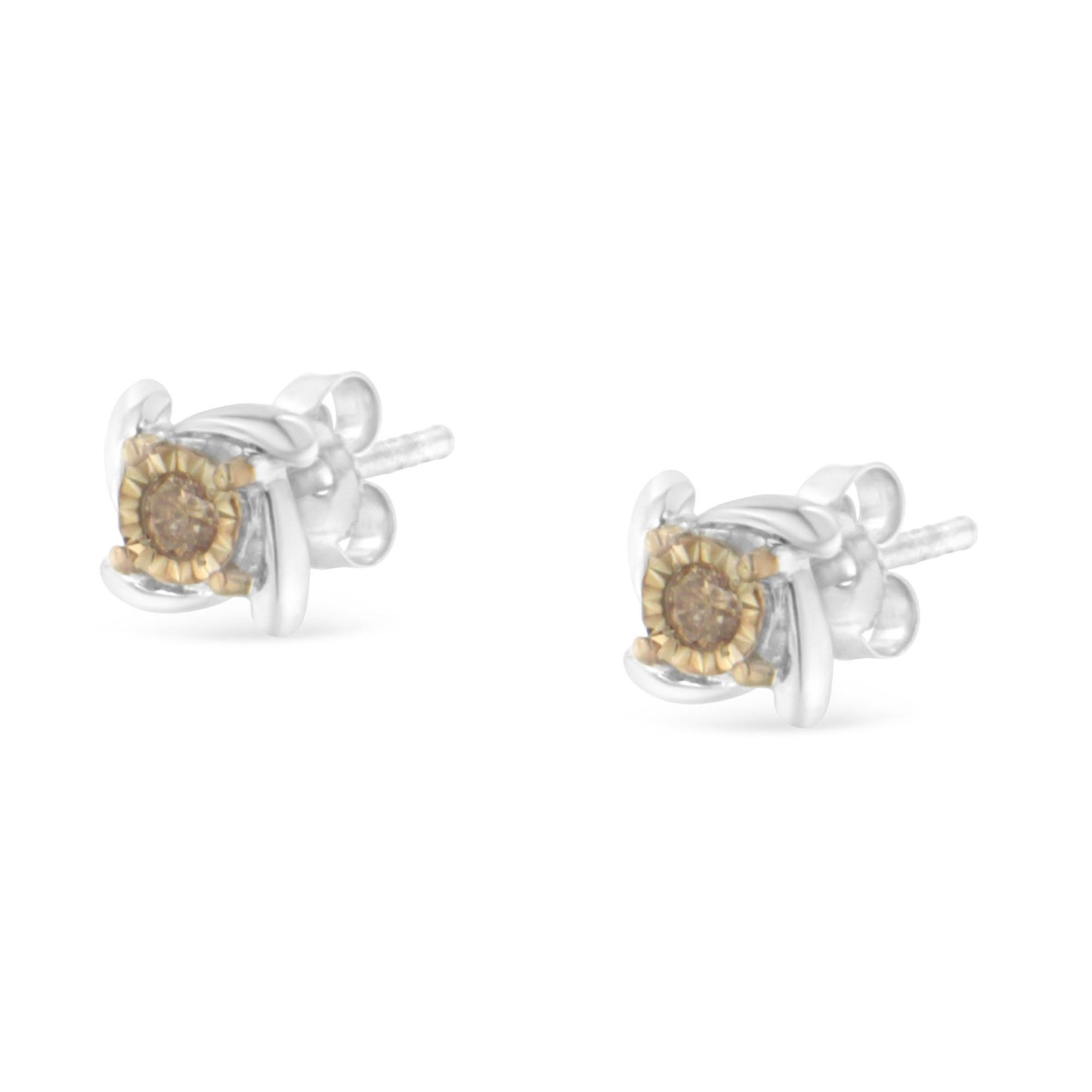 Pair of two-toned stud earrings with round champagne-colored gemstones in miracle settings, shown from a front angle on a white background.