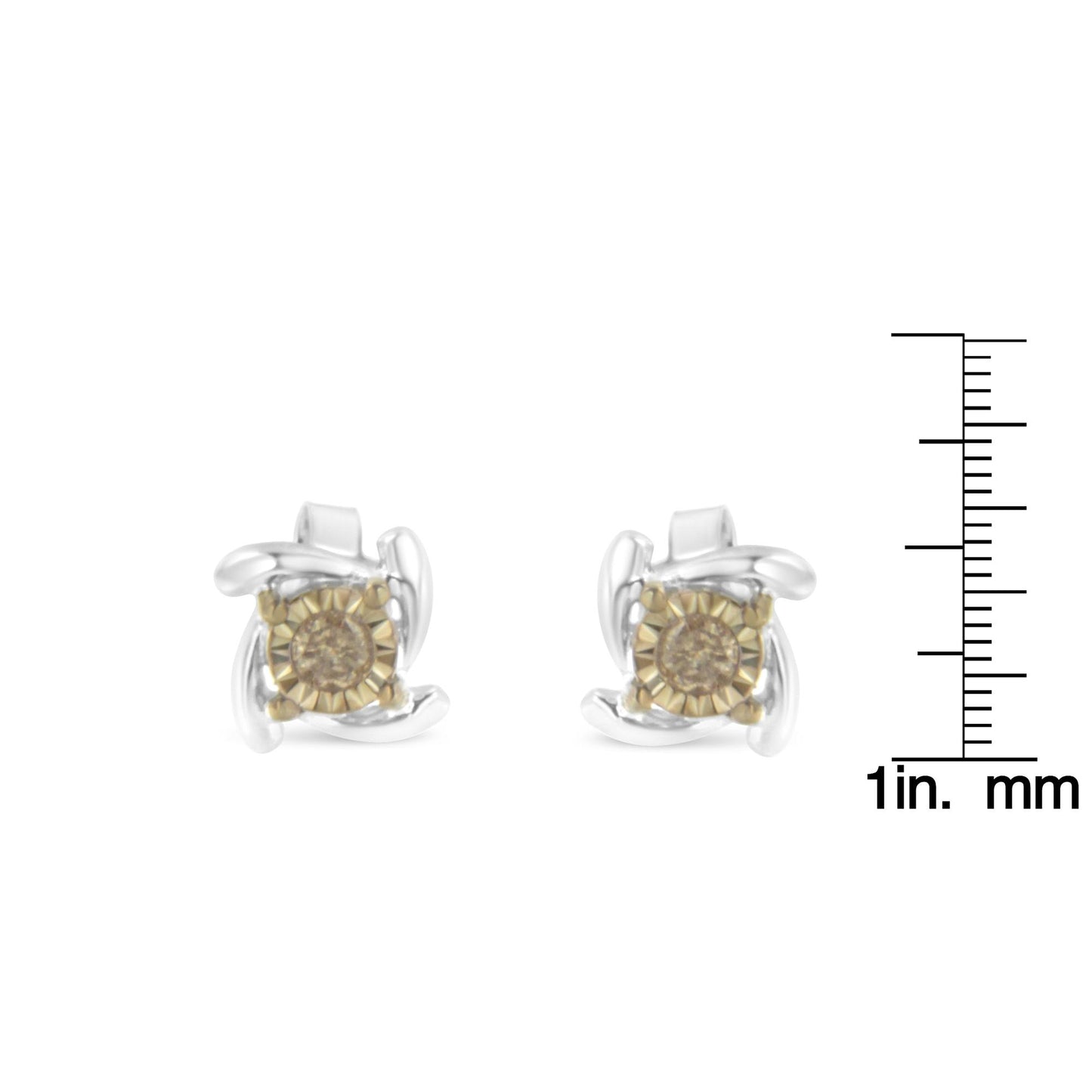 Front view of two-toned stud earrings with round champagne-colored gemstones in miracle settings shown next to a ruler for size reference.