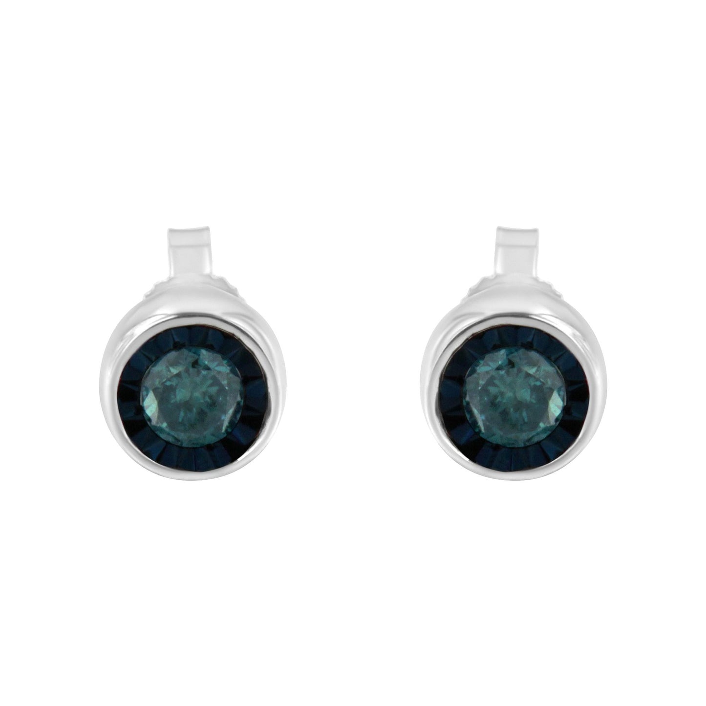 Front view of white metal earrings featuring a central round blue gemstone surrounded by a circle of smaller dark blue gemstones.