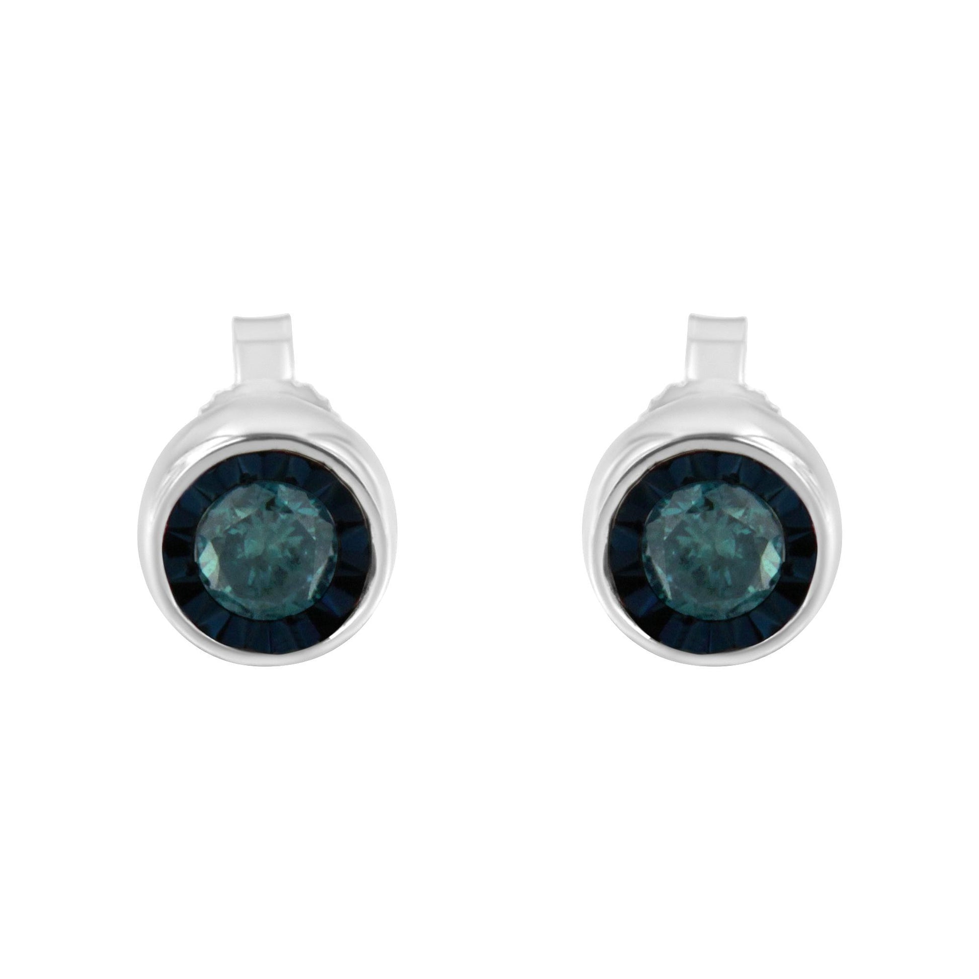 Front view of white metal earrings featuring a central round blue gemstone surrounded by a circle of smaller dark blue gemstones.