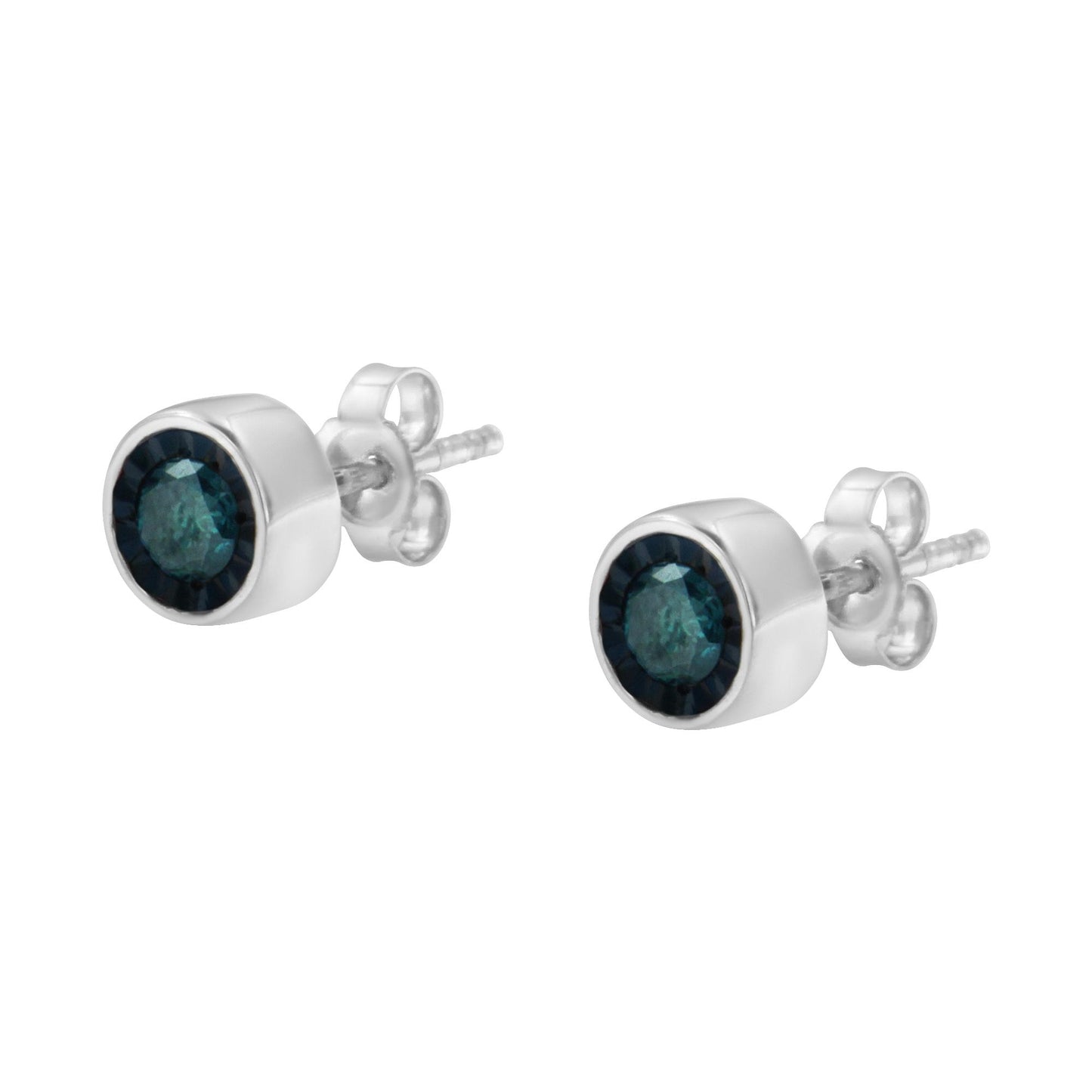 Pair of white metal stud earrings with round blue gemstones in miracle setting, shown from an angled front view.
