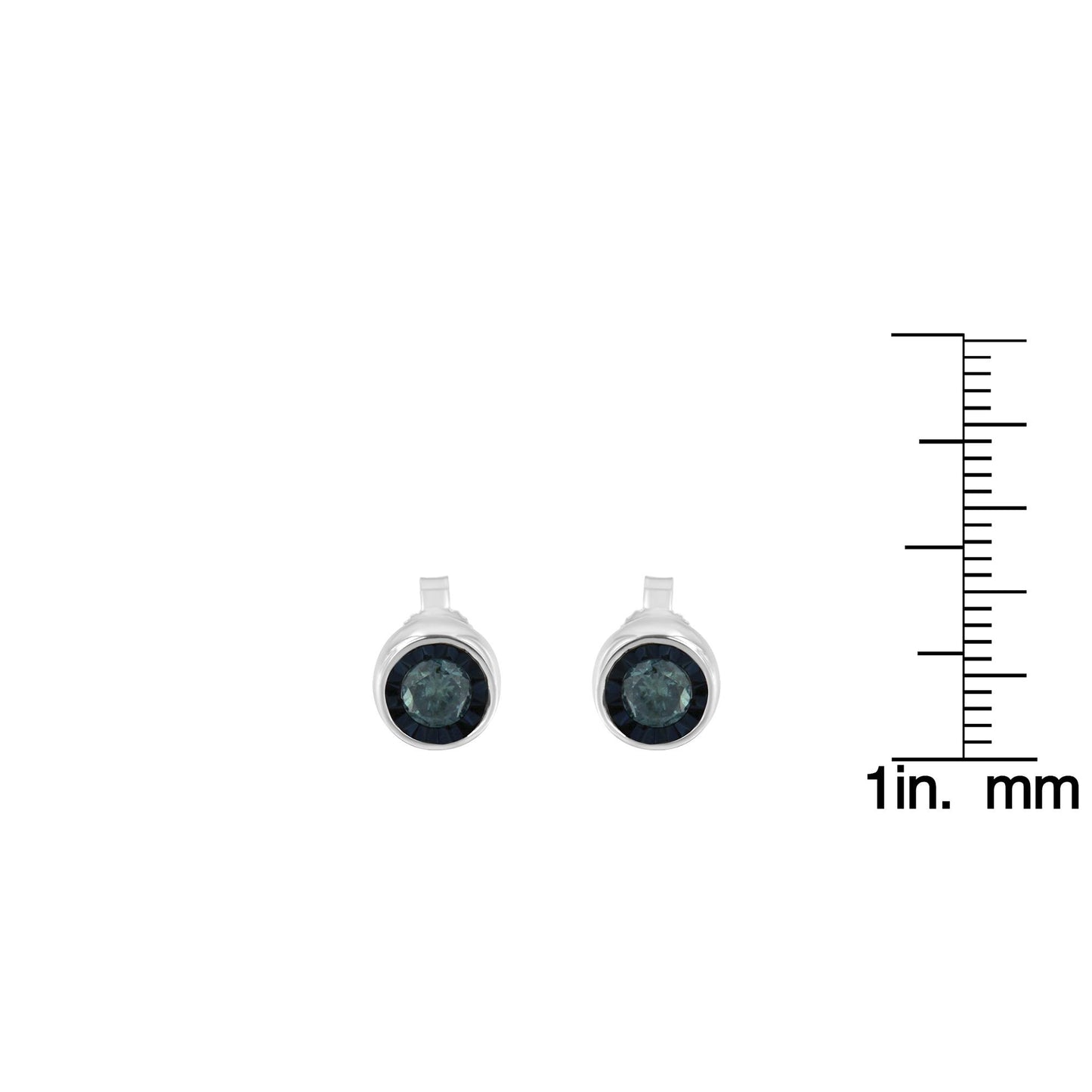 Front view of white metal round stud earrings with blue gemstones, shown next to a ruler for size reference.
