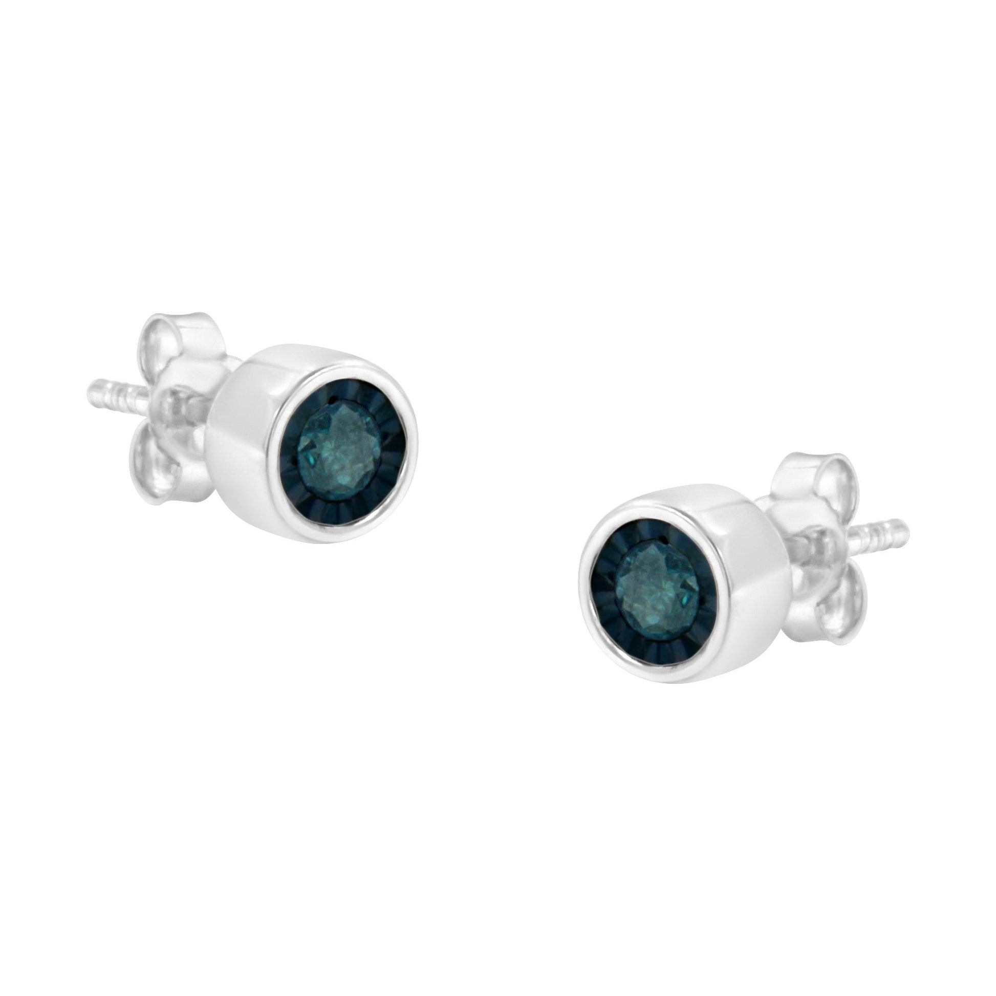 Pair of white metal stud earrings with round blue gemstones in miracle settings, front angle.
