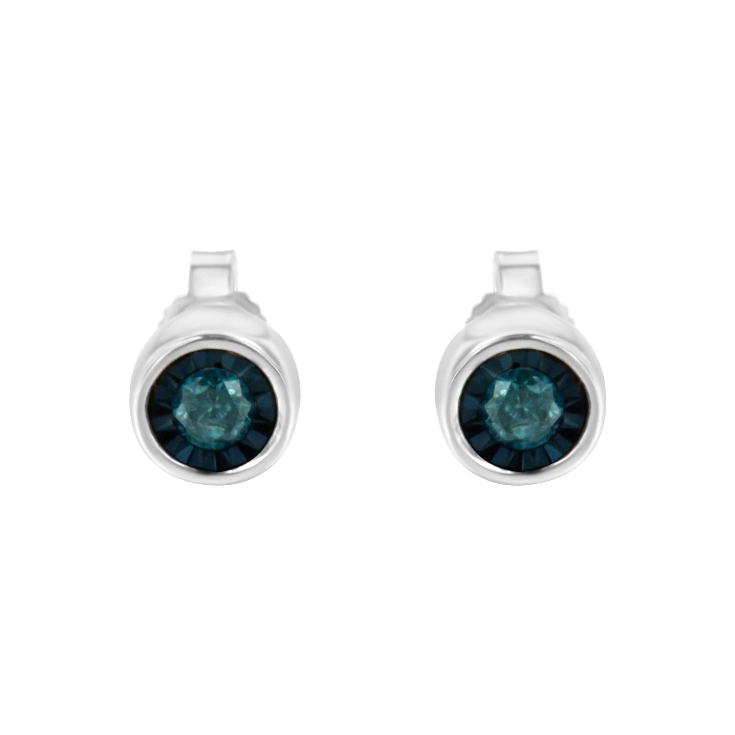 Front view of white metal stud earrings with round blue gemstones set in the center.