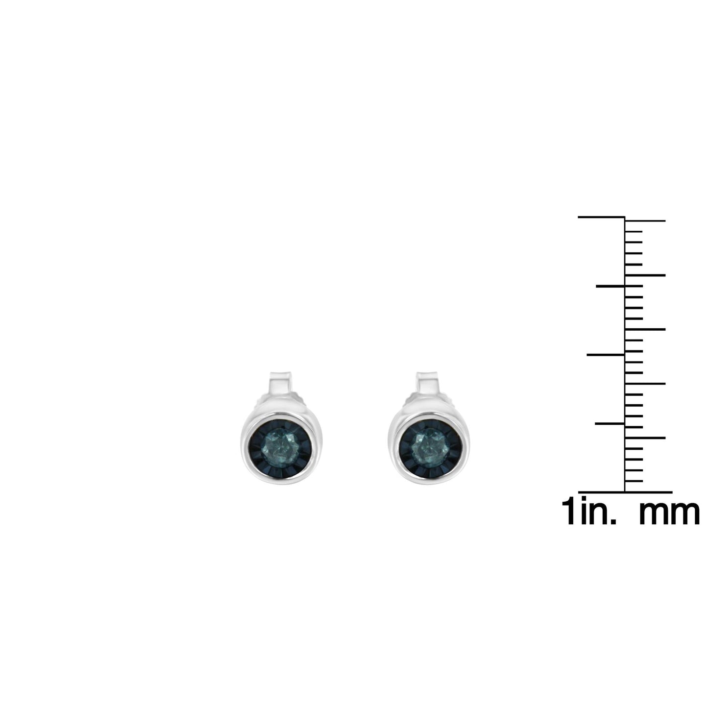 Front-facing shot of white metal round stud earrings featuring blue gemstones in a miracle setting, shown next to a ruler for size reference.