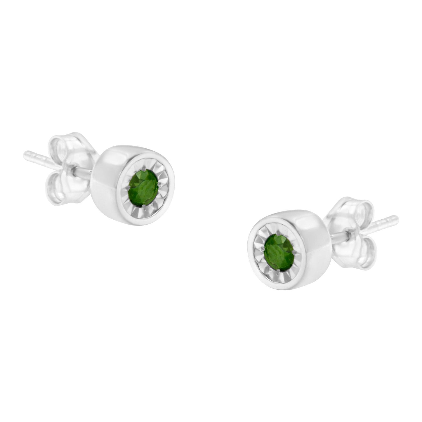 Pair of white metal stud earrings with round green gemstones in a miracle setting, shown from a front angle.