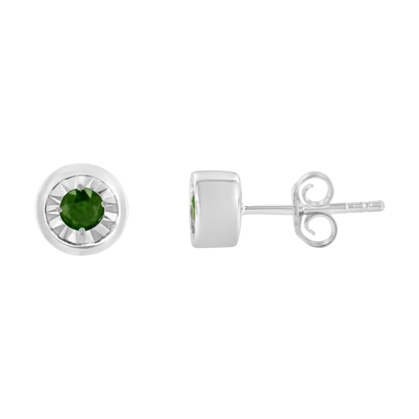 Front and side view of white metal stud earrings with round green gemstones in miracle settings.