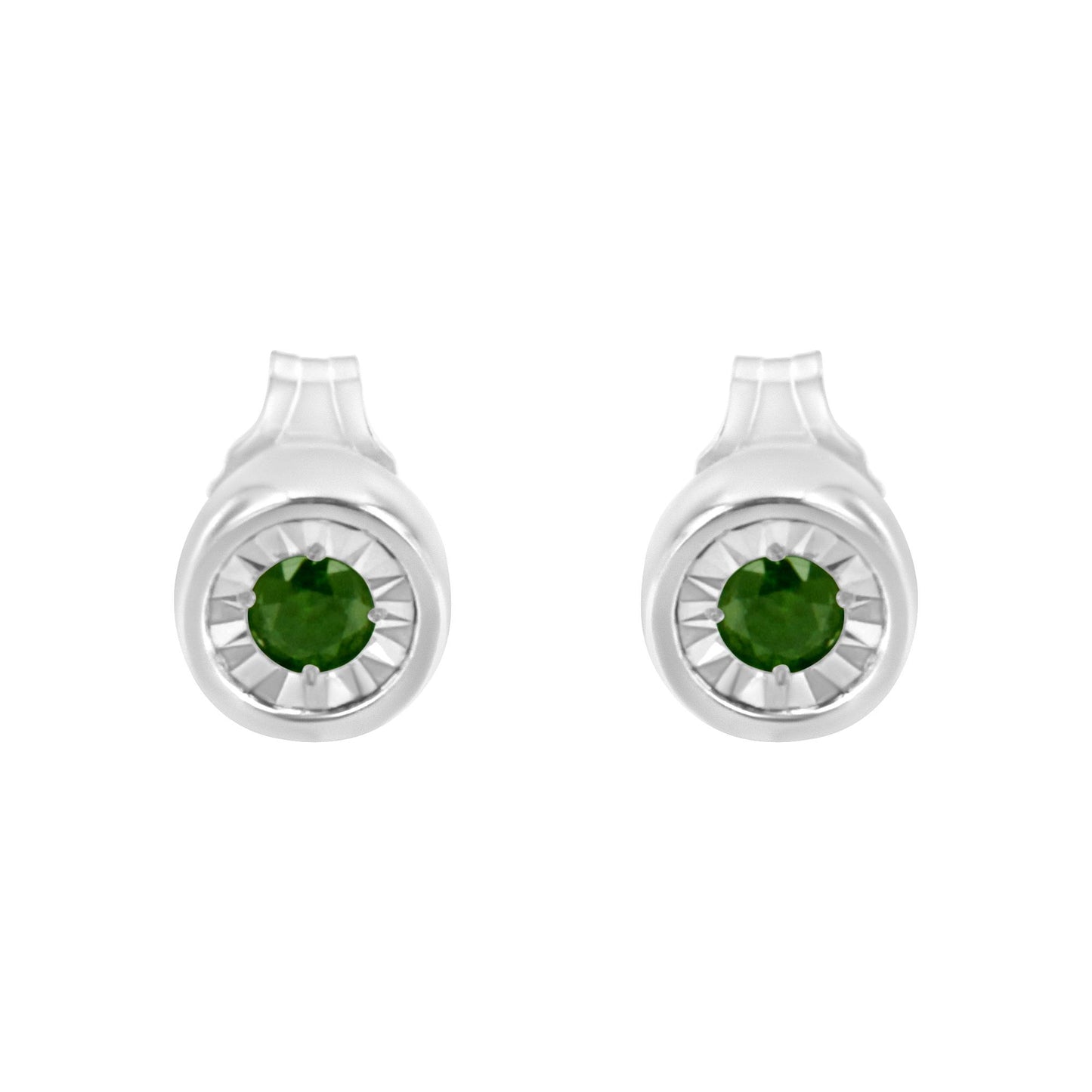 Front view of white metal round earrings with green gemstones in a miracle setting.