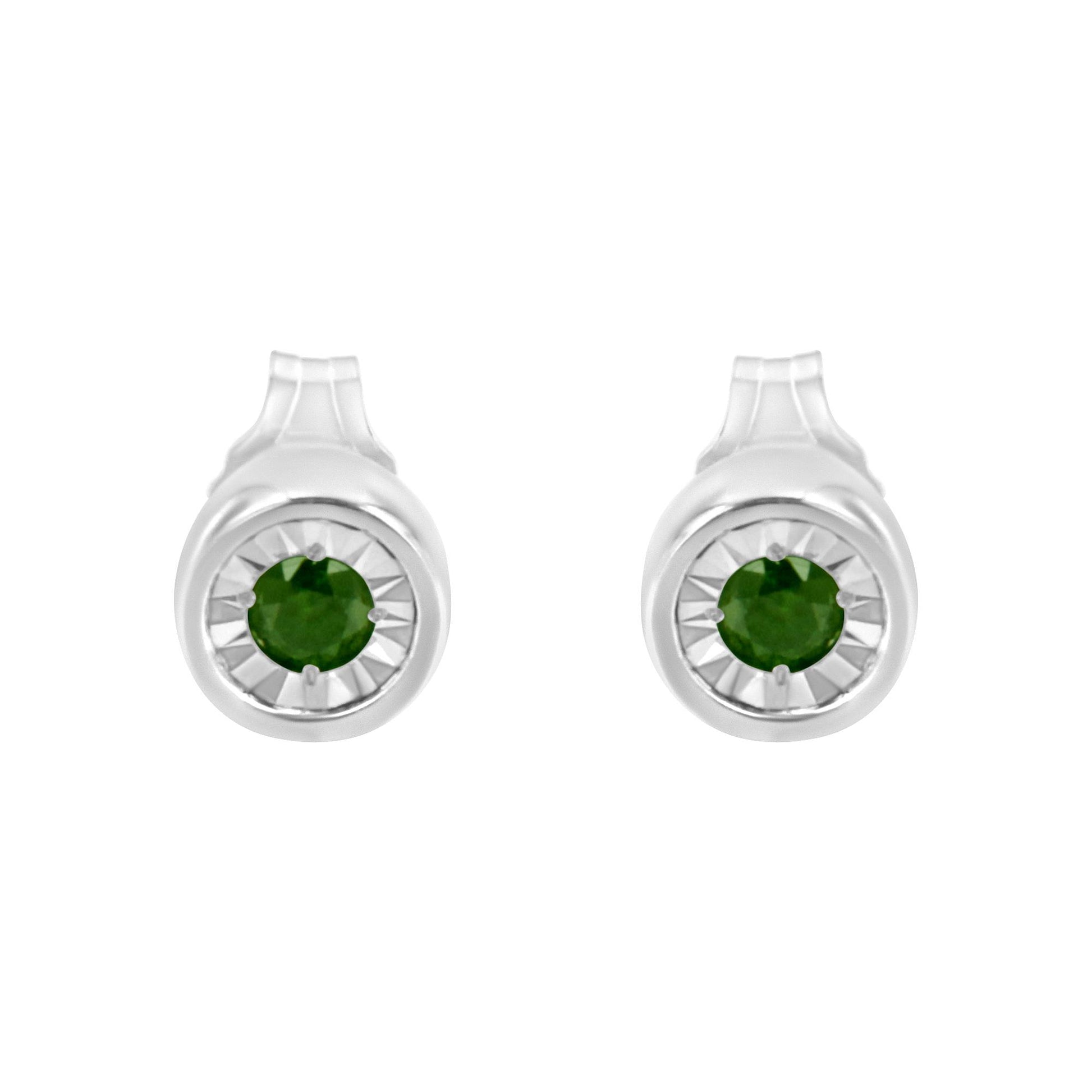 Front view of white metal round earrings with green gemstones in a miracle setting.