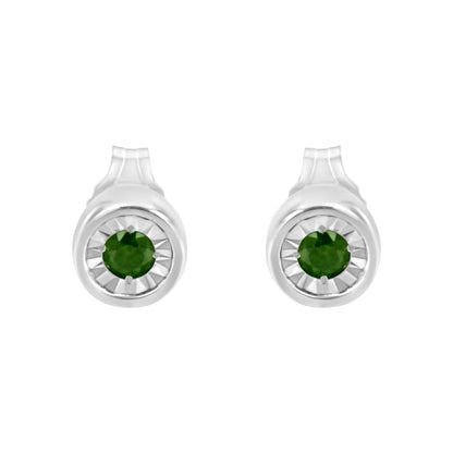 Front view of white metal round earrings with green gemstones in a miracle setting.