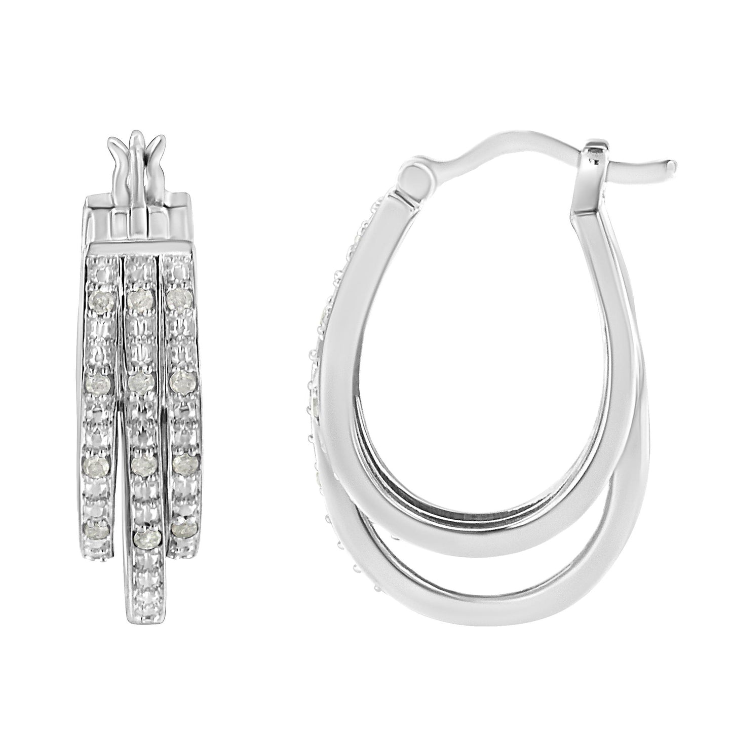 Pair of white metal hoop earrings with three rows of small round white gemstones in pave setting, shown from front and side angles on a white background.