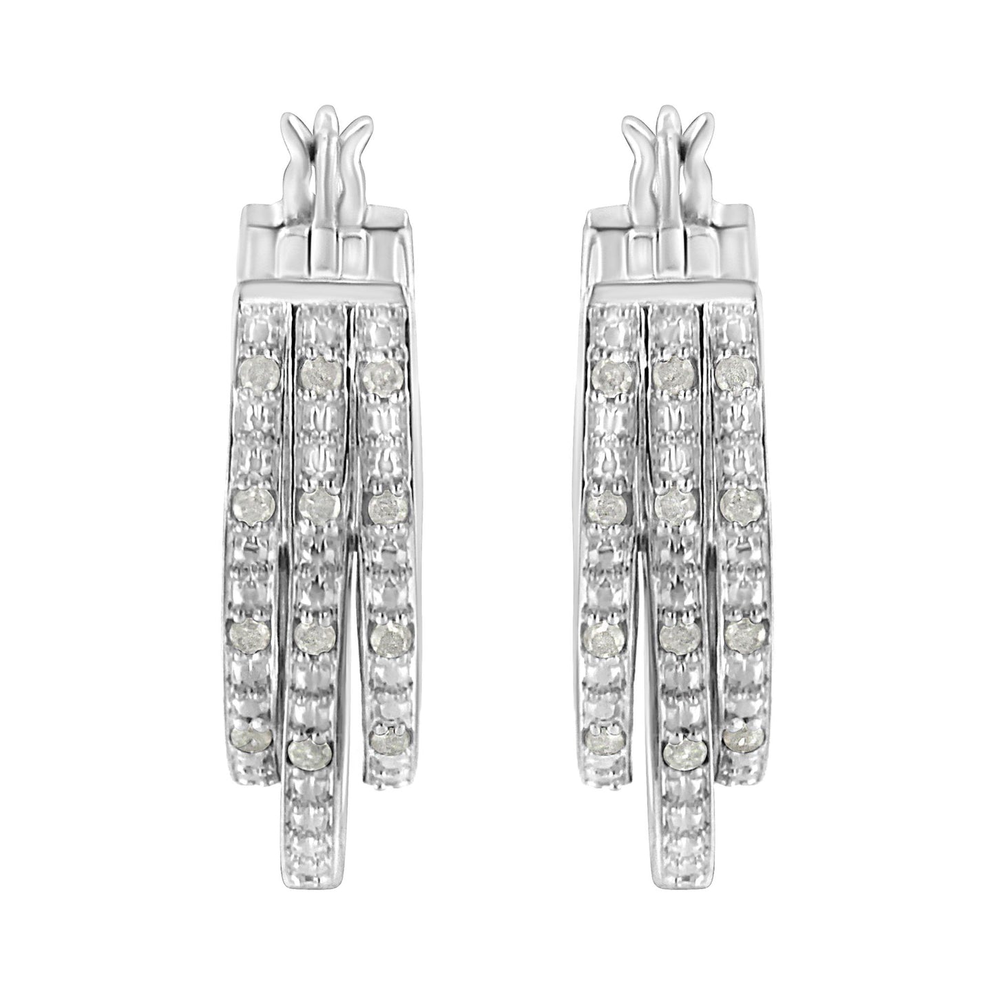 Front view of white metal earrings with three vertical rows of small round white gemstones in pave setting.