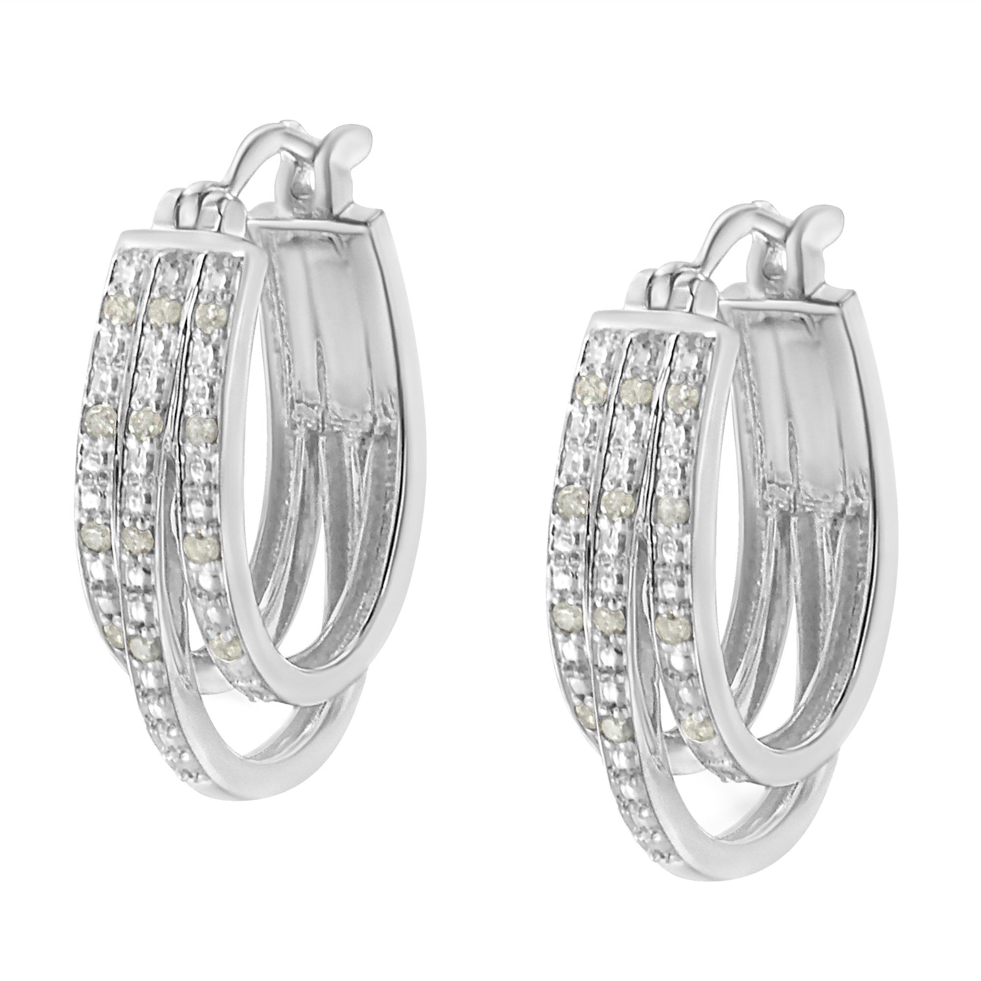 Pair of white metal hoop earrings with three parallel rows of round white gemstones in pavé setting, shown in a front angled close-up view.
