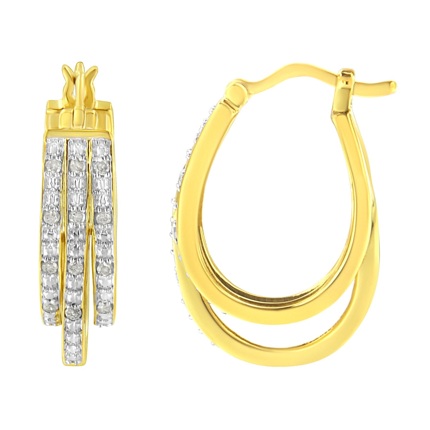 Front and side views of yellow metal hoop earrings with three rows of round white gemstones in a pave setting.