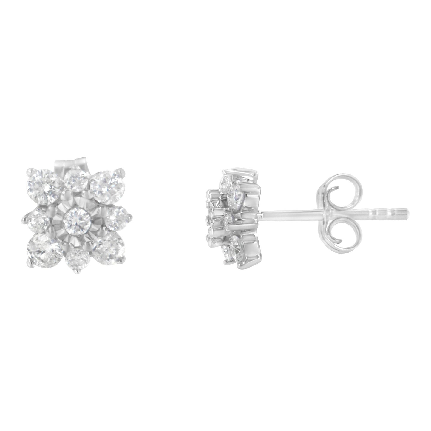 Front and side views of a white metal stud earring with round white gemstones in prong and miracle settings arranged in a floral cluster, shown against a white background.