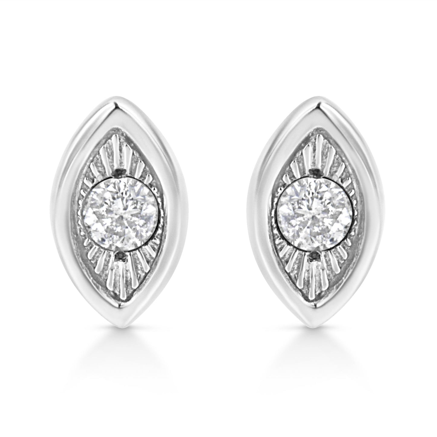 Front view of a pair of white metal earrings with a marquise shape design surrounding a round white gemstone in a miracle setting.