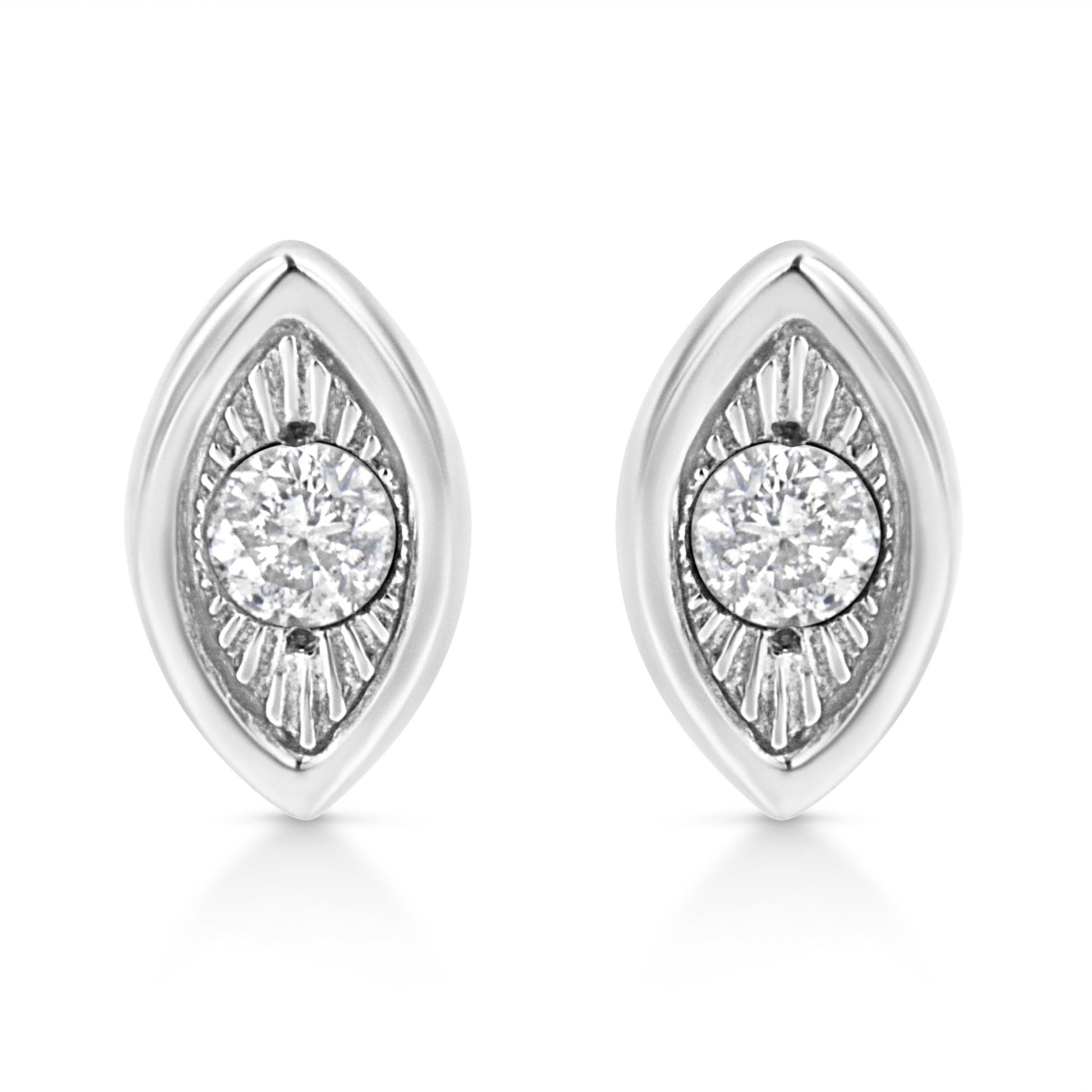 Front view of a pair of white metal earrings with a marquise shape design surrounding a round white gemstone in a miracle setting.