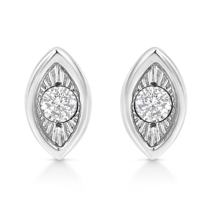Front view of a pair of white metal earrings with a marquise shape design surrounding a round white gemstone in a miracle setting.