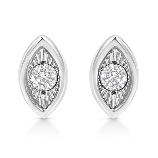 Front view of a pair of white metal earrings with a marquise shape design surrounding a round white gemstone in a miracle setting.