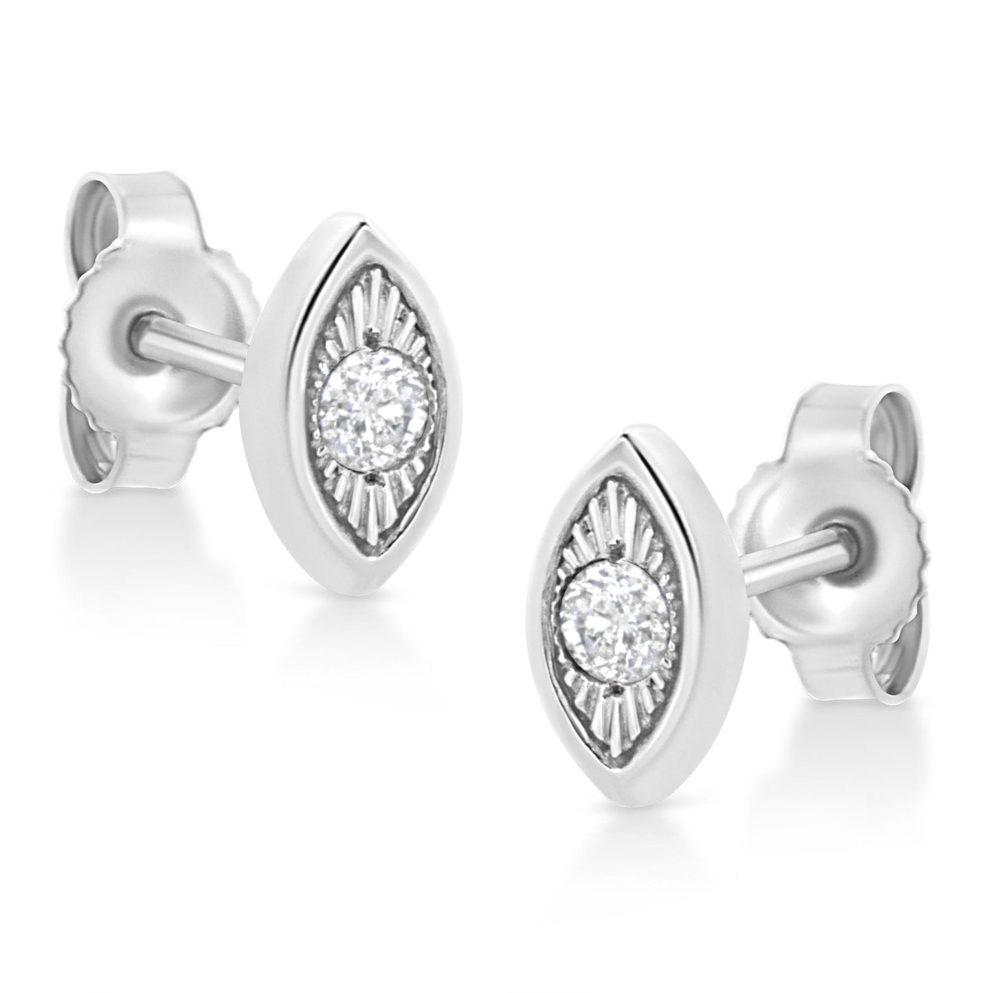 Pair of white metal stud earrings with marquise-shaped fronts featuring a round white gemstone in miracle setting, shown at a slight angle.