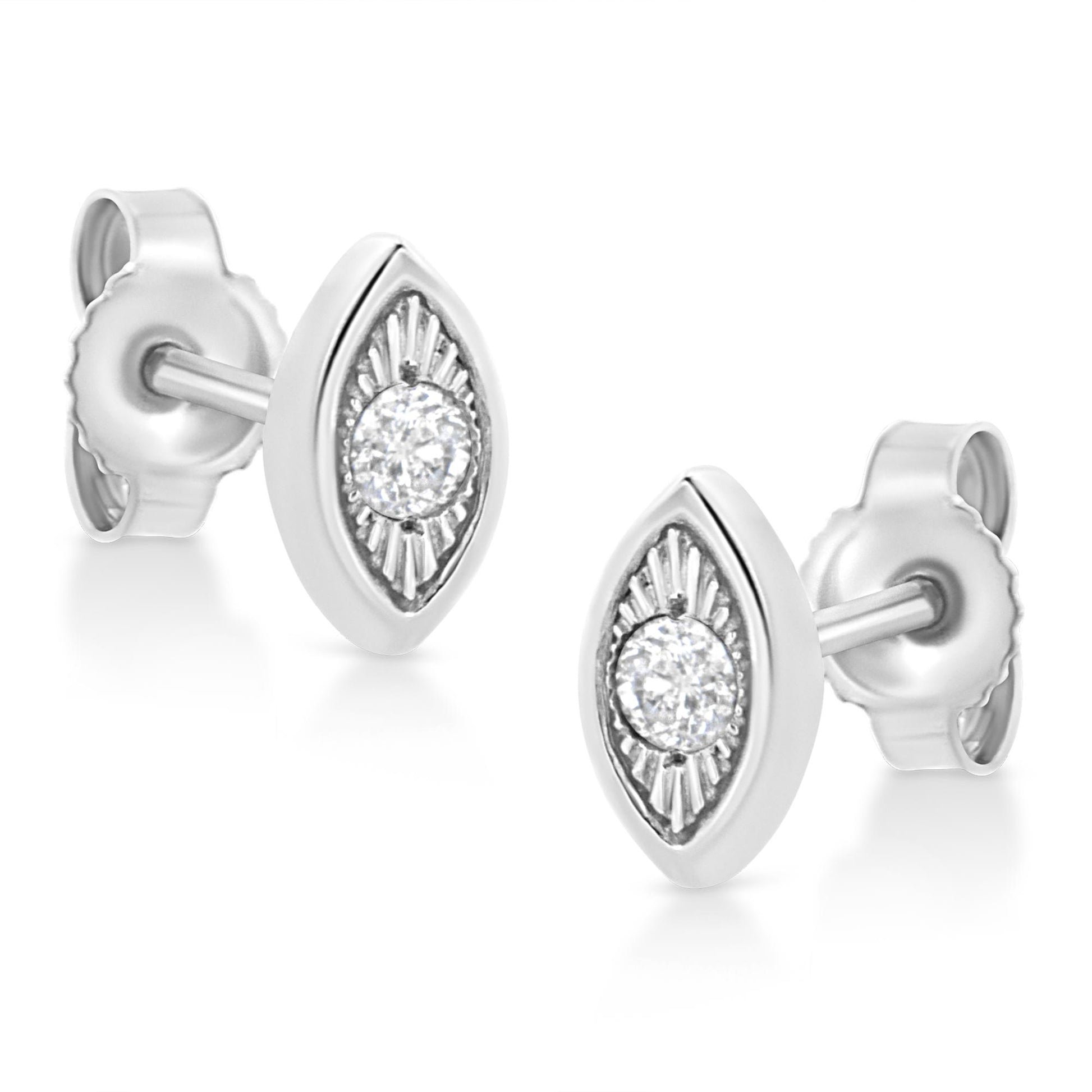 Pair of white metal stud earrings with marquise-shaped fronts featuring a round white gemstone in miracle setting, shown at a slight angle.