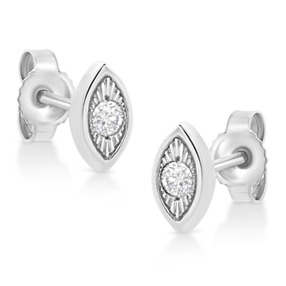 Pair of white metal stud earrings with marquise-shaped fronts featuring a round white gemstone in miracle setting, shown at a slight angle.