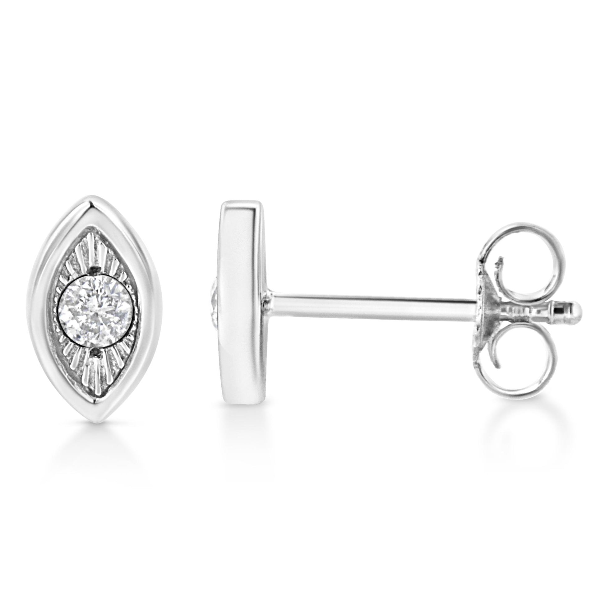 Close-up side and front view of a white metal earring with a marquise-shaped design featuring a round white gemstone set in the center with a sunburst pattern surrounding it.