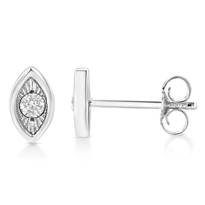 Close-up side and front view of a white metal earring with a marquise-shaped design featuring a round white gemstone set in the center with a sunburst pattern surrounding it.