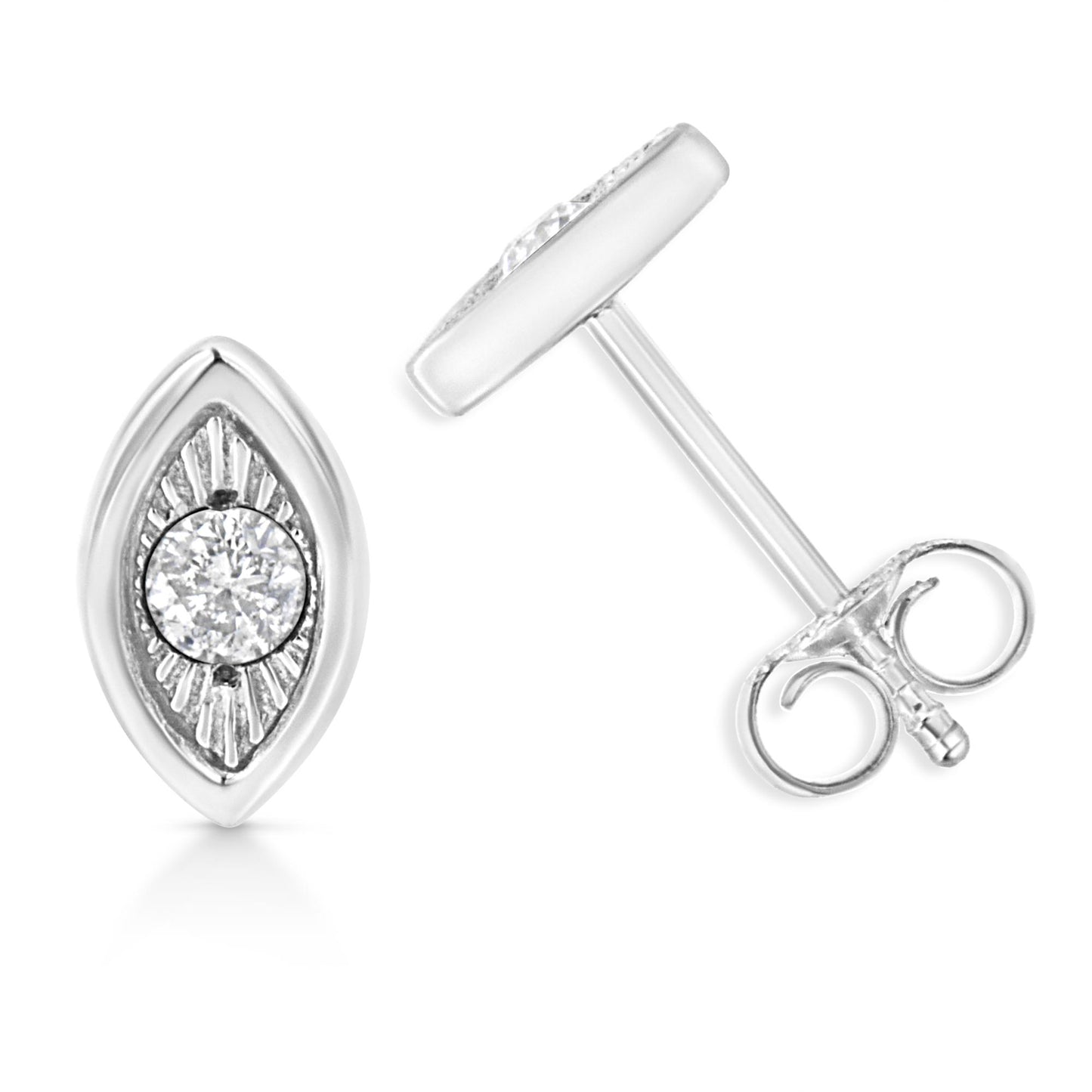 Pair of white metal earrings with an elongated marquise shape, each featuring a central round white gemstone in a miracle setting, shown from front and side angles.