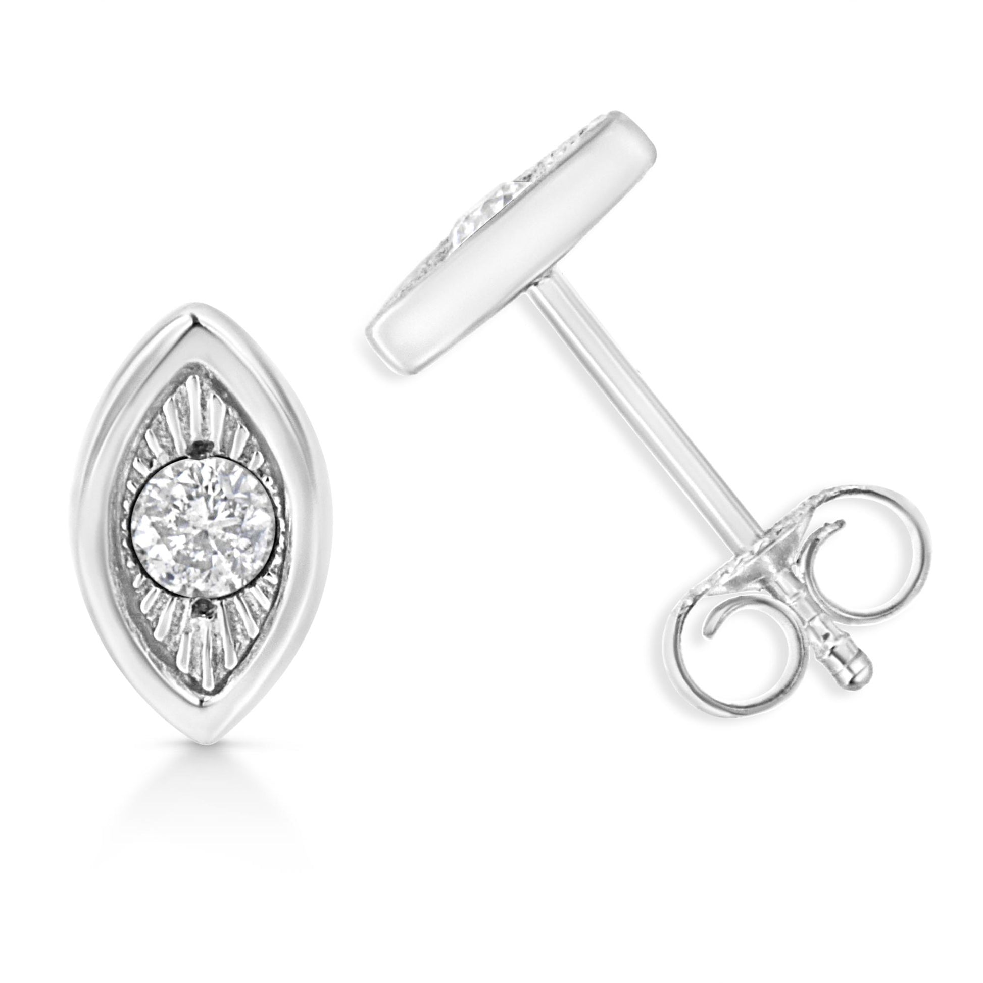 Pair of white metal earrings with an elongated marquise shape, each featuring a central round white gemstone in a miracle setting, shown from front and side angles.