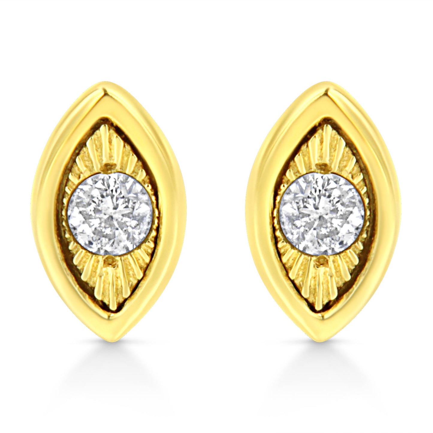 Front view of yellow metal marquise-shaped earrings with a round white gemstone in miracle setting at the center of each.