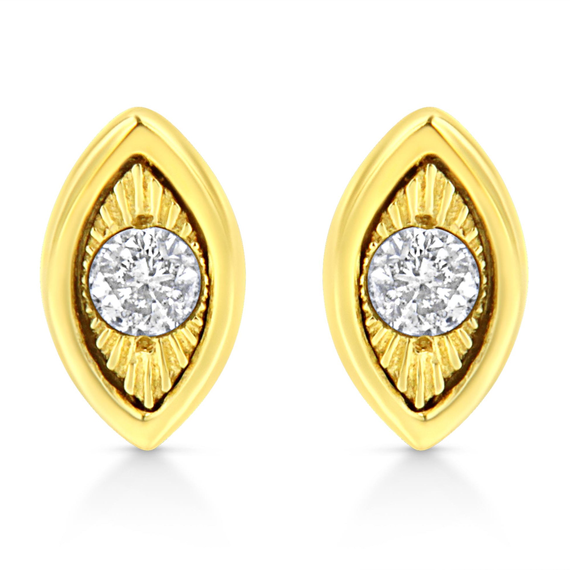 Front view of yellow metal marquise-shaped earrings with a round white gemstone in miracle setting at the center of each.