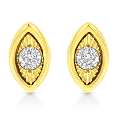 Front view of yellow metal marquise-shaped earrings with a round white gemstone in miracle setting at the center of each.
