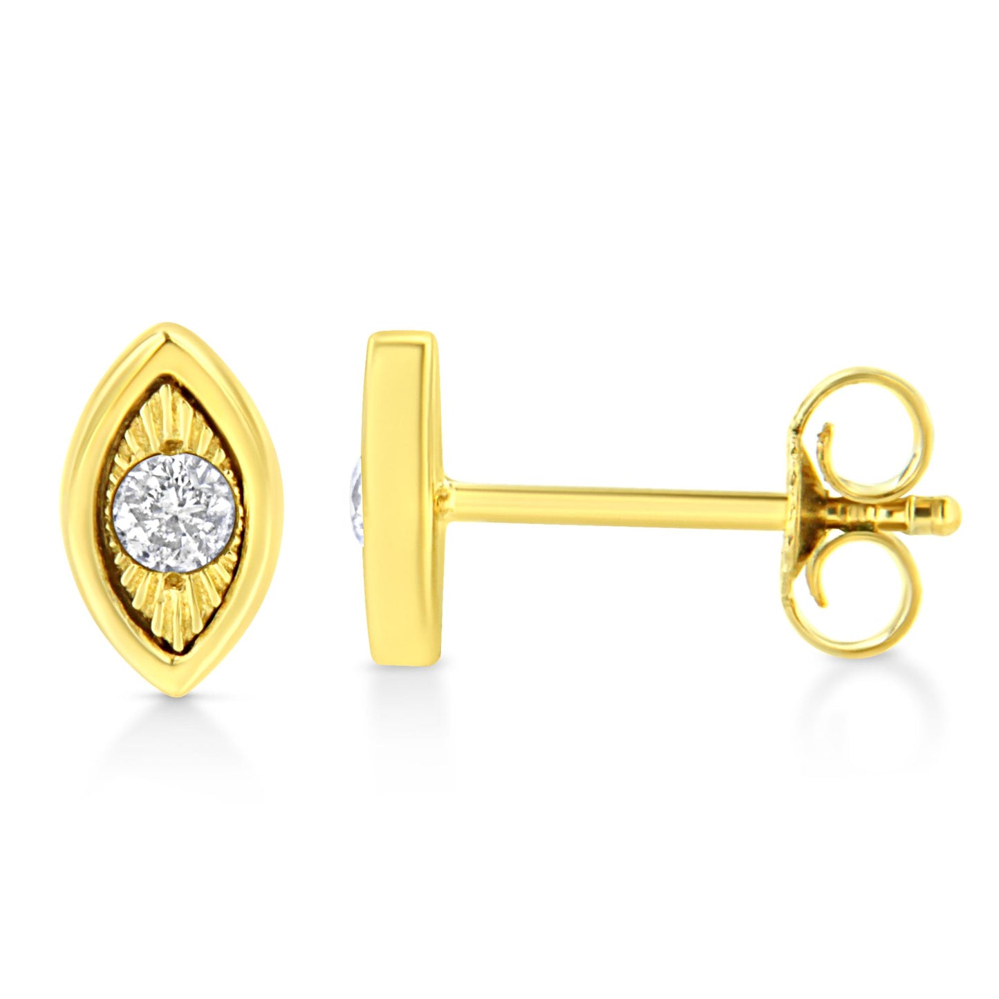 Pair of yellow metal stud earrings with a marquise-shaped design featuring a round brownish gemstone in miracle setting, shown from front and side angles.