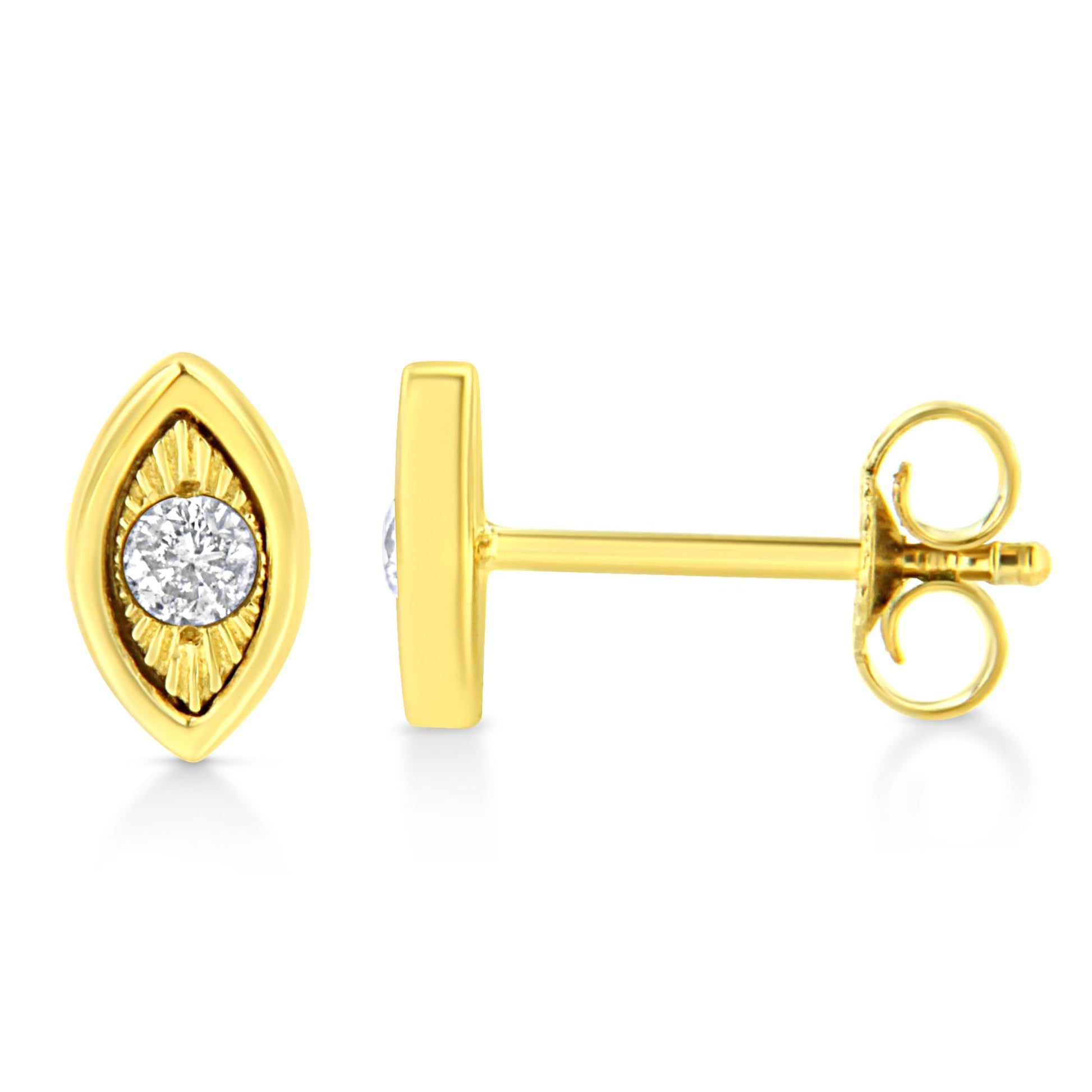 Pair of yellow metal stud earrings with a marquise-shaped design featuring a round brownish gemstone in miracle setting, shown from front and side angles.