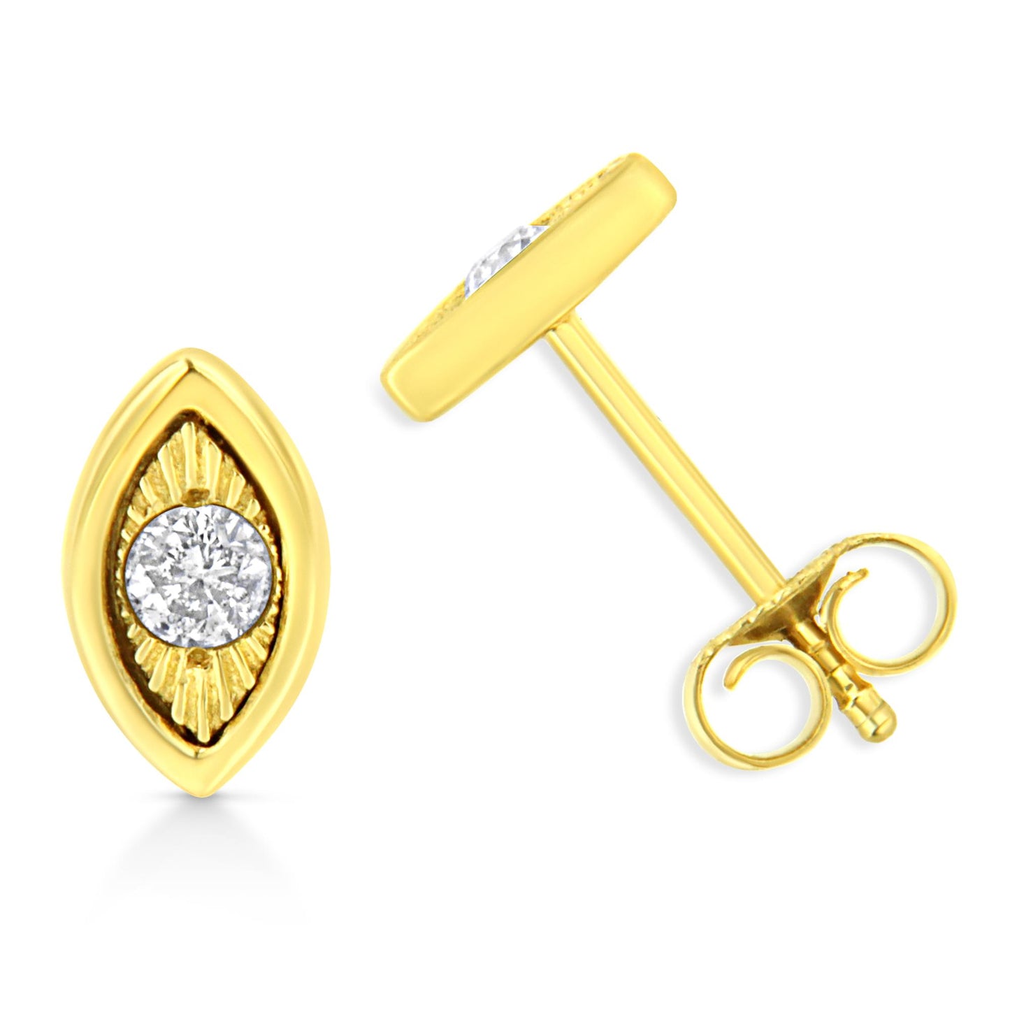 Pair of yellow metal earrings with a marquise-shaped frame featuring a round white gemstone in miracle setting, shown from front and side angles.