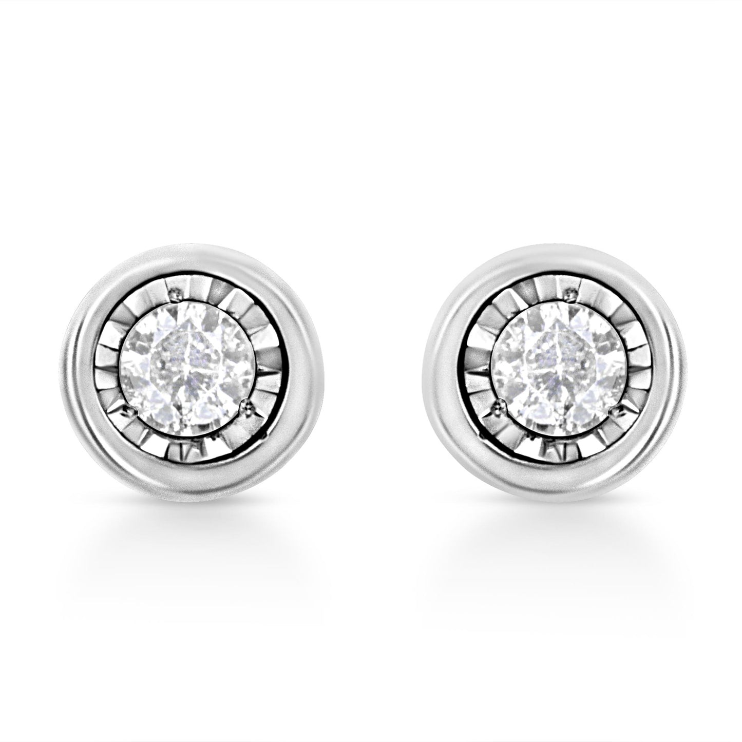 Pair of white stud earrings with round white gemstones in miracle setting, shown from front angle.