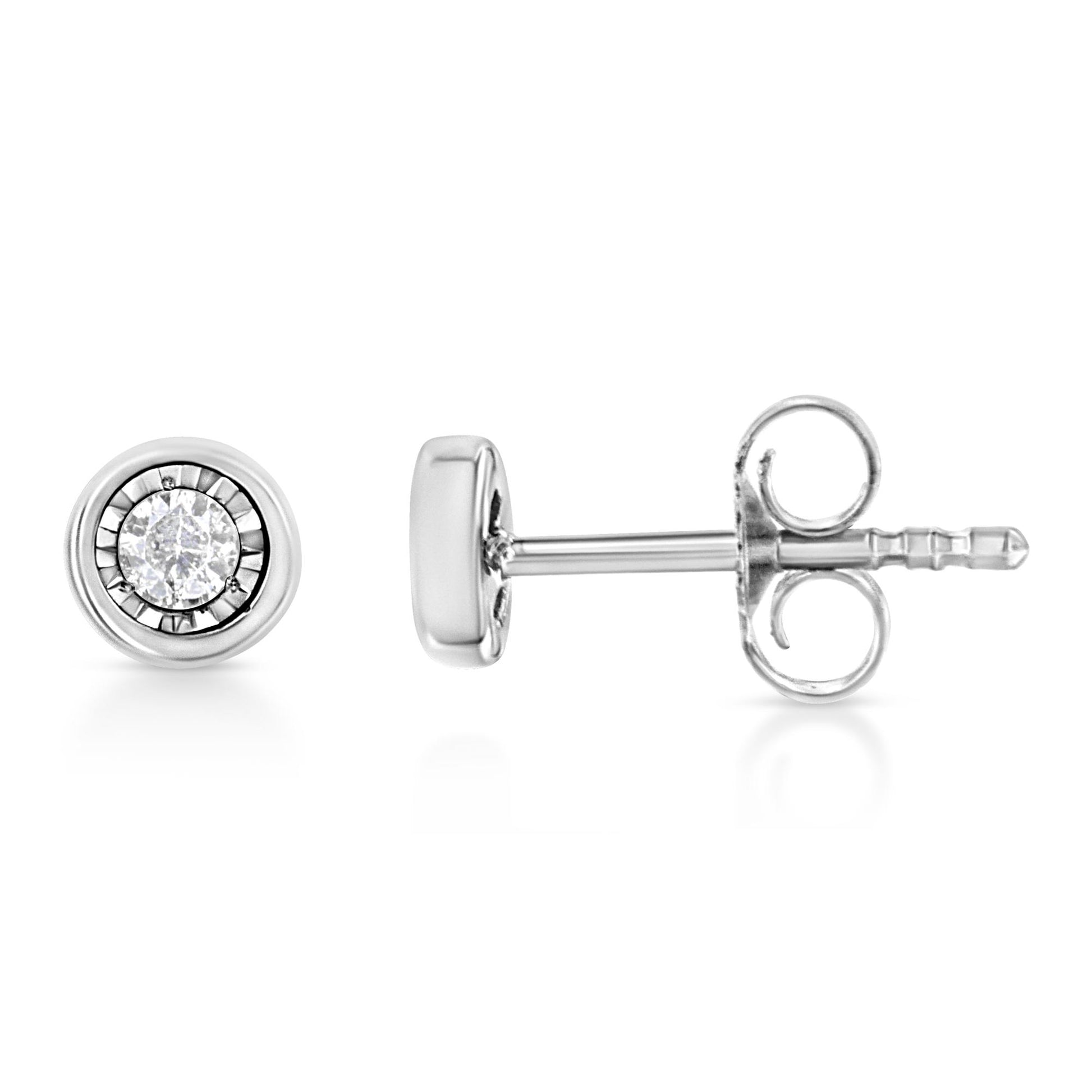 Front and side view close-up of a white metal stud earring with a round white gemstone in a miracle setting.
