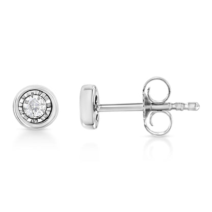 Front and side view close-up of a white metal stud earring with a round white gemstone in a miracle setting.